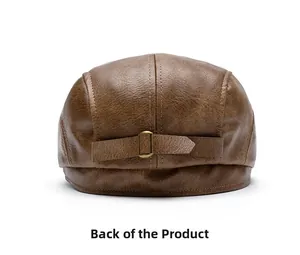 Back view of brown faux leather beret featuring an adjustable copper metal buckle