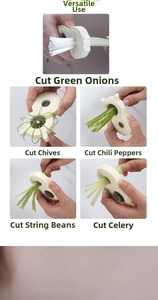 Multi-functional vegetable shredder showing five different slicing results for scallions