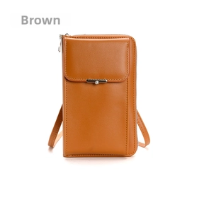 Detail view of the brown crossbody phone bag with metal hardware and zipper