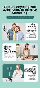 Versatile tripod selfie stick shown in outdoor, kitchen and indoor photography scenes