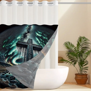 Tenda da doccia waffle gotica con teschio, croce e stampa di aurora boreale per bagno