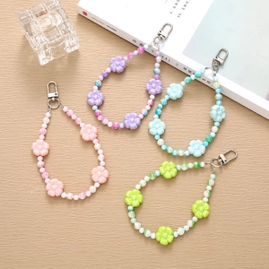Pastoral Style Flower Beaded Keychain Phone Strap Acrylic Resin Beads Bag Charm Gift For Women Girls Fashion