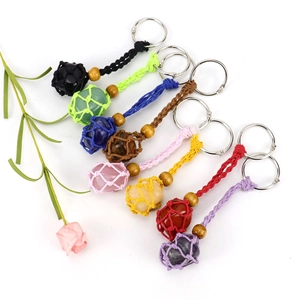 Porte Clés Pierre De Cristal Naturel Pendentif Sac Filet Coton Tissé Main Style Bohème Améthyste Quartz Rose Obsidienne