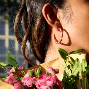 Pink enamel and 18K gold plated stainless steel bamboo style C-shape hoop earrings