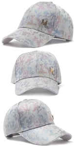 Detailed views of mesh baseball cap with colorful camouflage print and golden M logo