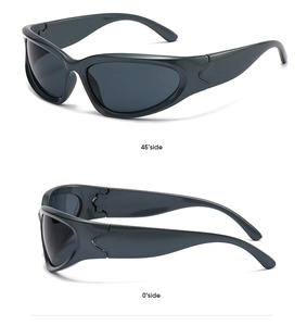 Detail view of wraparound sports sunglasses showing 45-degree and side profile angles