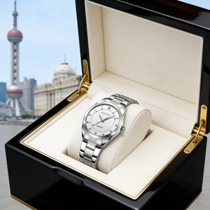 Close-up of DEDIMA silver stainless steel quartz watch in a premium wood jewelry box