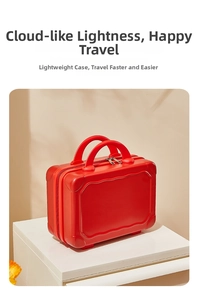 Detail of red 14-inch mini suitcase vanity case with hard shell and dual handles