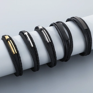 Men Multilayer Braided Bracelet Microfiber Leather Stainless Steel Magnetic Clasp Punk Industrial Fashion Jewelry