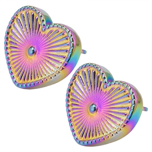 Detailed macro view of heart-shaped stainless steel earrings with rainbow plating finish