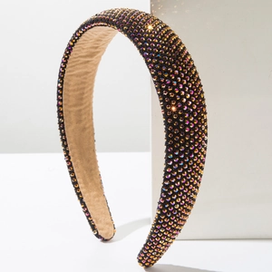 Detail of wide padded headband with premium AB rhinestones on black fabric base