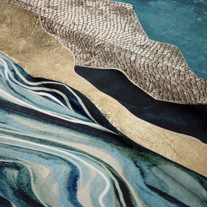 Detail view of abstract mountain pattern tapestry with fabric texture and marble design