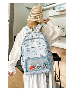 Light blue ita-bag with dachshund prints featuring a clear pocket for anime badges