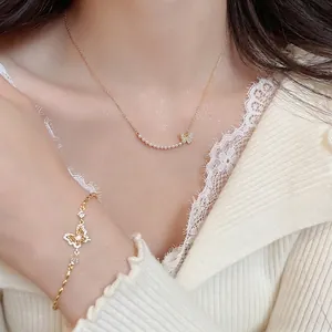 18k gold plated butterfly necklace and bracelet set with pearls and zircons