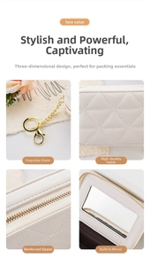 Detail view of white quilted lipstick pouch with mirror, gold chain and smooth zipper