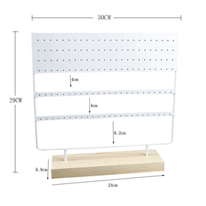Detailed dimension guide for white earring holder with wooden base and 144 holes