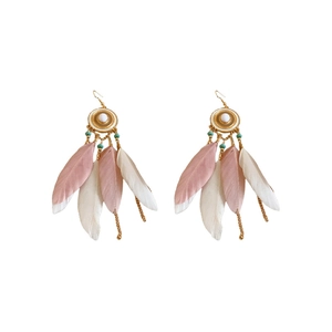 Bohemian feather drop earrings with pink and white feathers and gold tassel chains