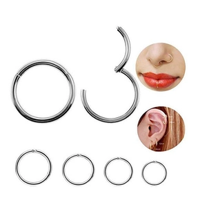 Detailed views and sizes of polished stainless steel hoop earrings for nose and ears