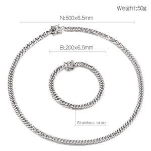 Detailed size specifications for stainless steel curb chain necklace and bracelet set