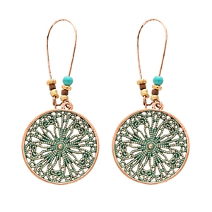 Retro ethnic bronze round hollow carved drop earrings with turquoise beads and antique finish