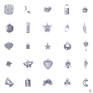 Detail of 25 silver metal pendants with various shapes and engraved inspirational phrases
