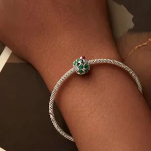 S925 silver four-leaf clover charm bracelet with green enamel heart and red ladybug bead