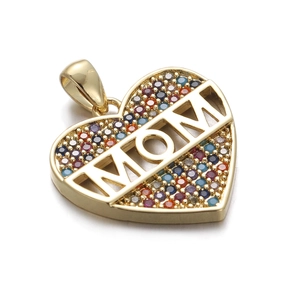 Macro shot of gold-plated heart pendant with colorful stones and MOM lettering
