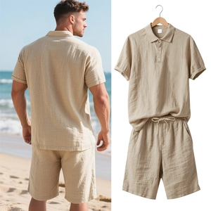 Mens beige linen polo shirt and drawstring shorts set shown on model and hanger