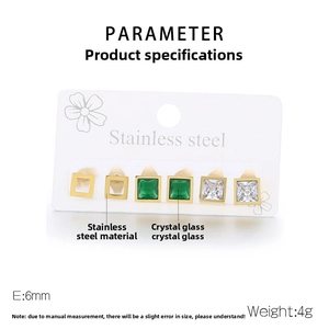 Detail view of 6mm square stainless steel stud earrings set with crystal inlay