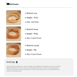Detailed size and weight specs for acrylic and resin geometric square bangles