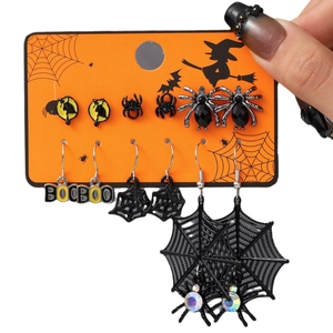 Halloween earring set with spider web, witch silhouette and BOO letter designs