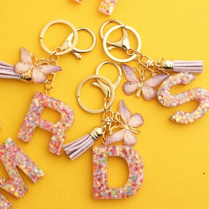 Pink Snowflake Resin Alphabet Keychain Butterfly Tassel Glitter Sequin Key Ring For Women Bags Fashion Accessory Gift