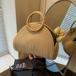 Woven Straw Handbag Large Capacity Semicircle Half Moon Beach Bag Summer Vacation Casual Vintage Top Handle Purse Women