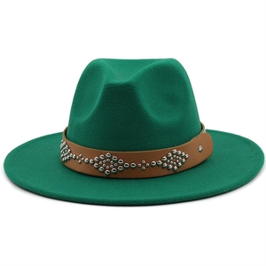 Classic dark green wool fedora with brown leather studded band and wide brim