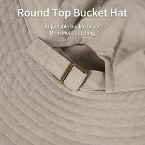 Khaki breathable bucket hat with adjustable slider buckle and reinforced brim stitching