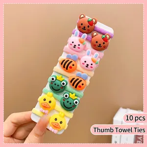 Close-up of 10-piece set of mini towel hair ties with cute 3D cartoon animal charms