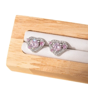 Silver stainless steel heart stud earrings with pink and white cubic zirconia crystals