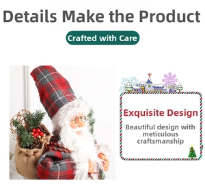Detailed close-up of a Santa figurine featuring a red plaid hat and jute gift sack