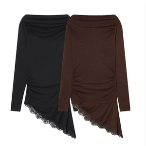 T-Shirt Femme À Manches Longues Épaules Dénudées Polyester Froncé Ourlet Asymétrique Dentelle Top Élégant