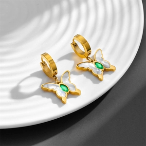 Golden butterfly hoop earrings with green zircon and white shell inlay for women