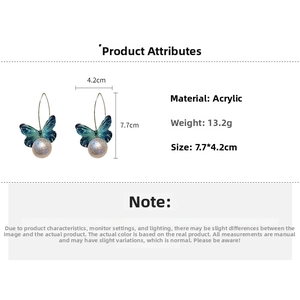 Detailed dimensions of blue butterfly earrings with pearls, size 7.7cm x 4.2cm