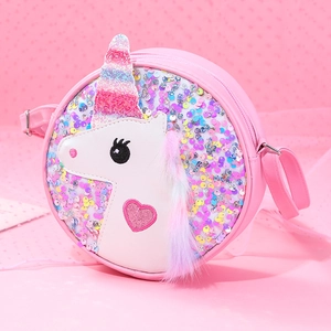 Pink round unicorn crossbody bag with glitter sequins and colorful plush mane for girls