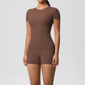 Women's tight high-elastic two-piece sport set with short sleeve t-shirt and shorts in cocoa brown
