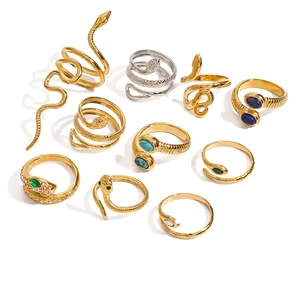 Snake Ring Stainless Steel 18K Gold Plated Open Adjustable Vintage Animal Jewelry For Women With Green Crystal