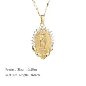 Golden Virgin Mary necklace with crystal frame and rose detail, 45+5cm chain length