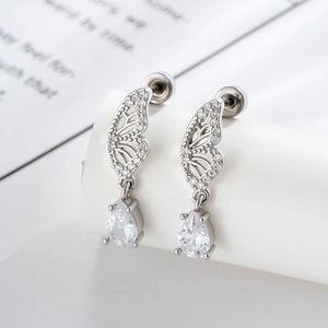 Boucles d'oreilles papillon en argent avec gouttes en zircon et fermoir à vis