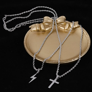 Cross Lightning Pendant Necklace Stainless Steel Rope Chain Silver Tone Simple Fashion Jewelry For Men Women