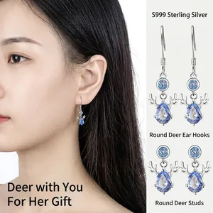 S999 Sterling Silver Reindeer Horn Drop Earrings For Women Light Luxury Blue Zirconia Animal Dangle Earrings Christmas Gift Jewelry