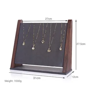 Walnut wood necklace display stand with gray velvet backboard for jewelry organizers
