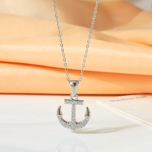 Vintage stainless steel anchor pendant necklace with sparkling cubic zirconia crystals
